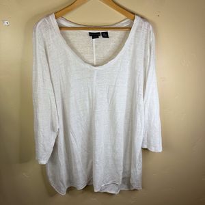 Tahari Womens 2X Linen 100% Flowy‎ Basic White T-Shirt 3/4 Sleeve Length Classic